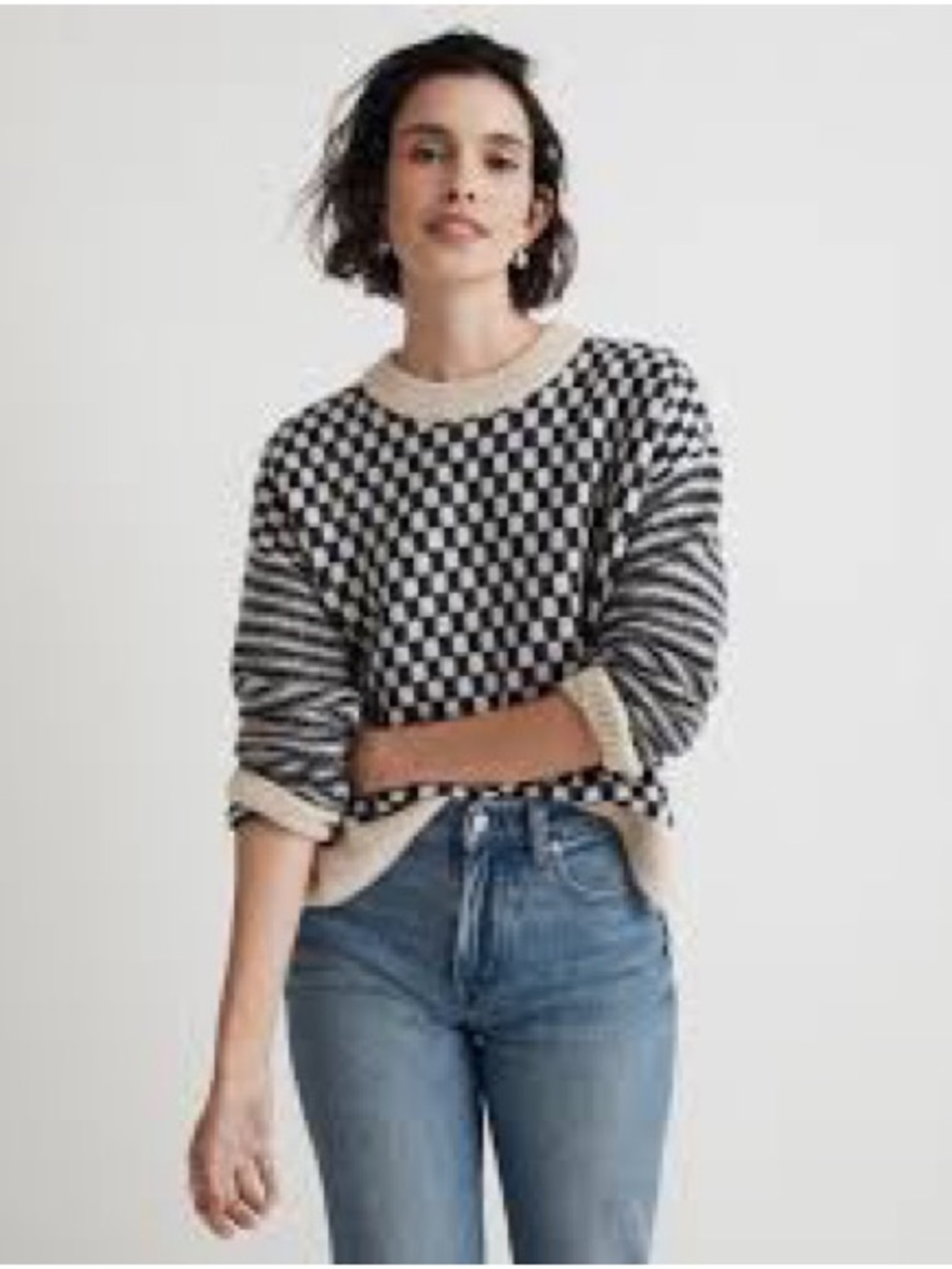 Madewell Indigo & Cream Checkerboard Crewneck Sweater